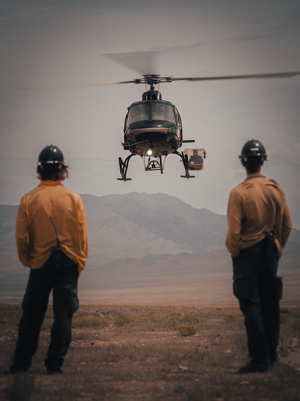 Helitack crewmembers wait for helicopter to land before unloading a crew shuttle of firefighters working on the Mountain Home Fire, Richfield District Utah