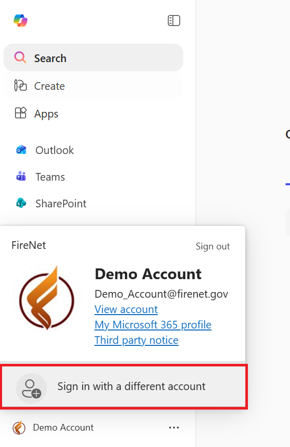 Image of office.com profile pop-up with button to Sign in with a different account at the bottom
