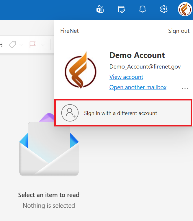 Image of office.com profile pop-up with button to Sign in with a different account at the bottom